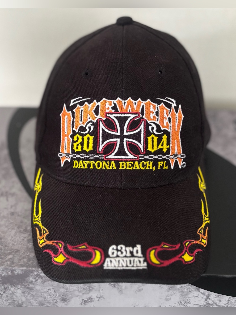 Vintage 2004 Daytona Bike Week Hat 63rd Iron Cross Flames Biker Cap Capsmith Y2K